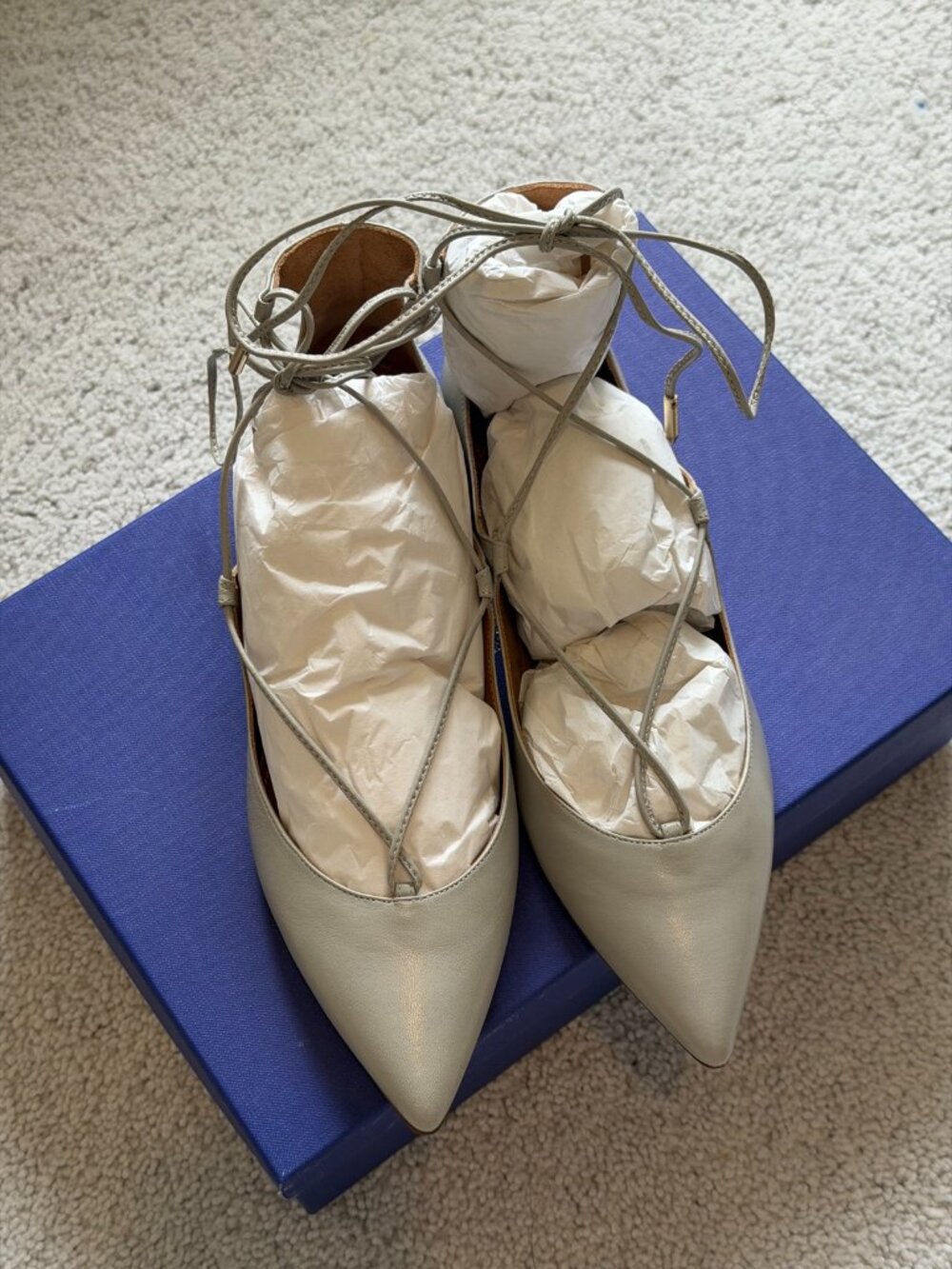 Aquazzura Christy Flat, Light Grey Nappa Lace-Up, Size 7.5 — New with Box